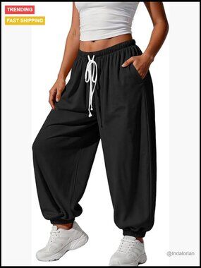 Baggy Harem Pants Casual Barrel Elastic Waist Drawstring Pleated Loose Workout